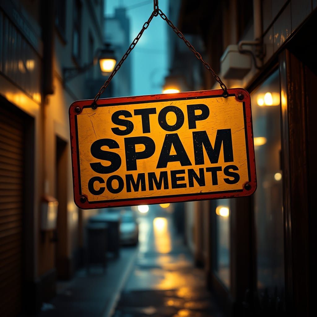 Retro Sign Warns: Stop Spam Comments - Cinematic Style