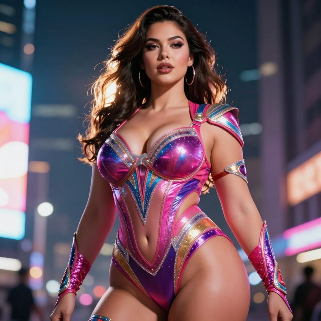 Voluptuous Woman in Vibrant, Detailed Costume Under Urban Li...