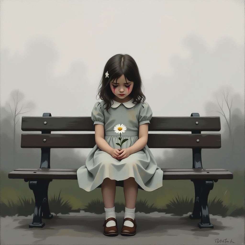 Melancholic Girl on Park Bench in Vintage Oil Painting Style