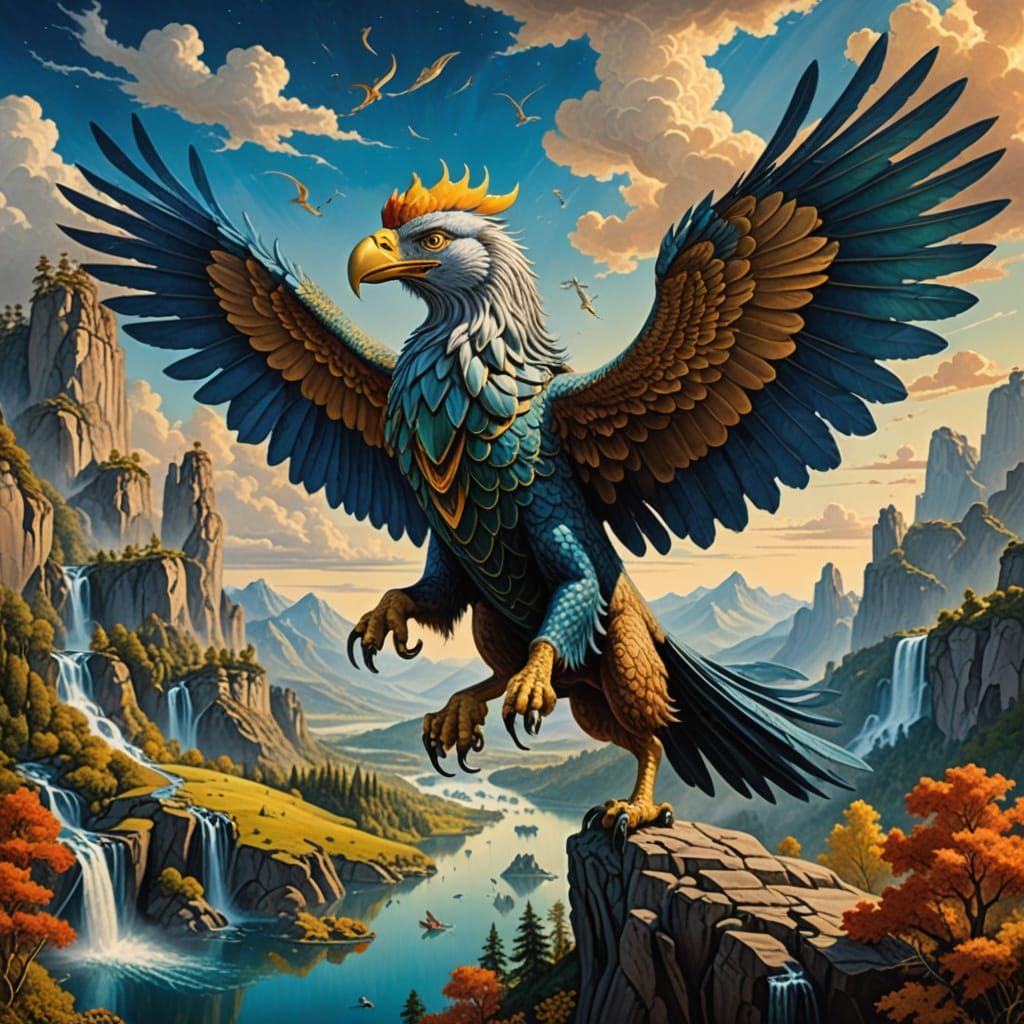 Griffin Soars Through Dreamlike Sky: Photorealistic Surreali...