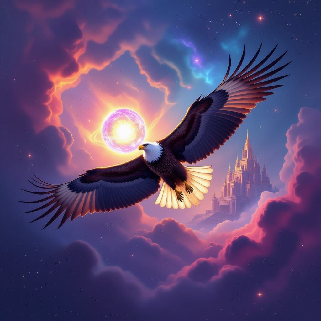 Majestic Eagle Soaring Through Nebula to Celestial Palace