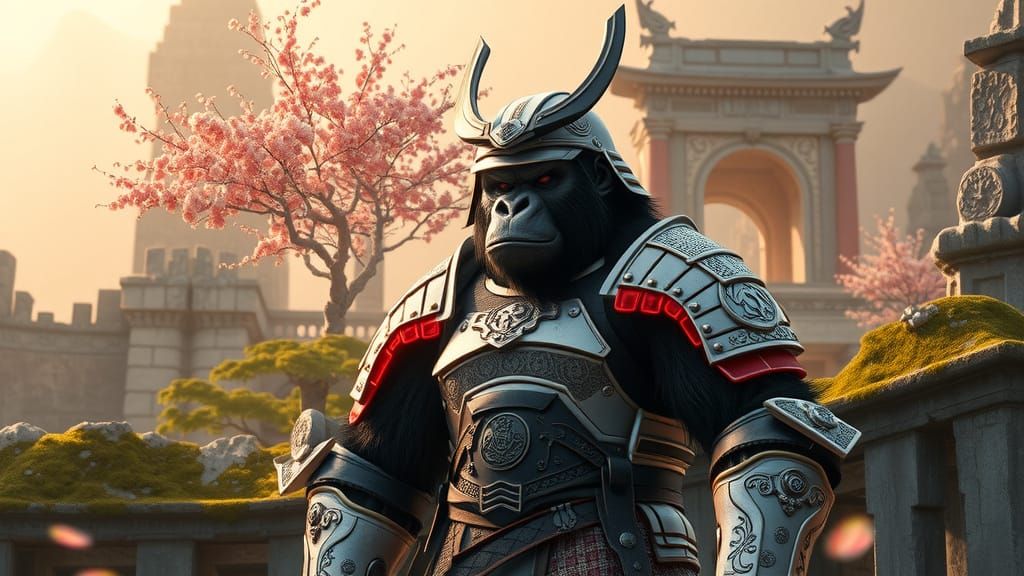 Gorilla Samurai Master in Ancient Temple Ruins