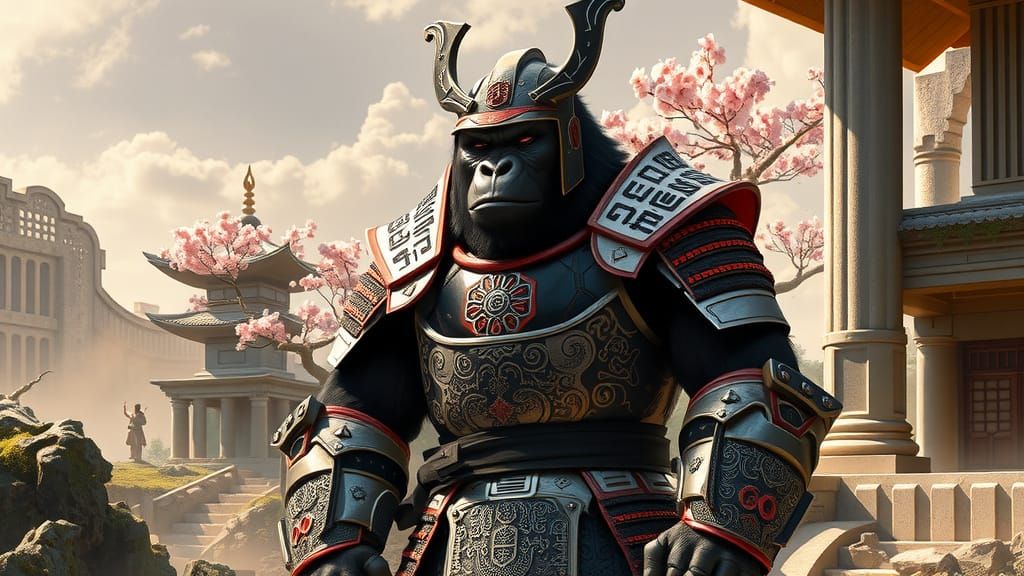 Gorilla Samurai Warrior in Ancient Temple Ruins