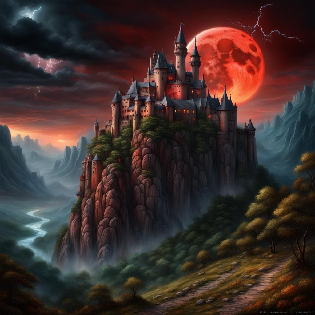Epic Castle Under Blood Moon: Digital Matte Painting