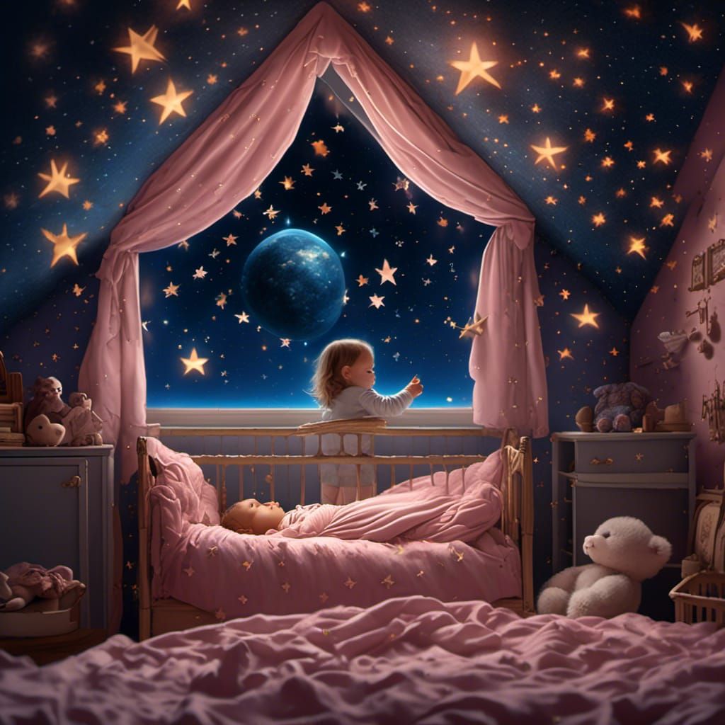 Romantic Night Sky Over Sleeping Baby: Digital Painting