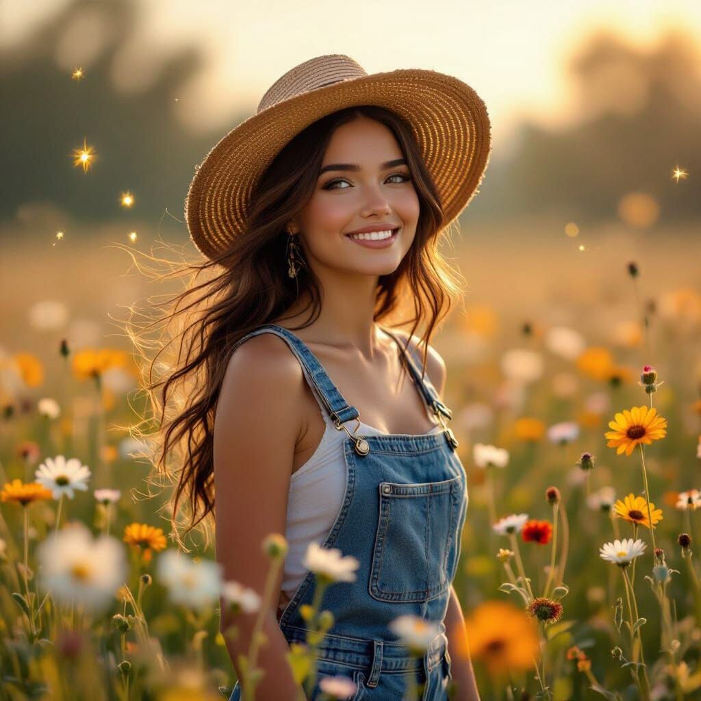 Enchanting Wildflower Field Portrait in Art Nouveau Style