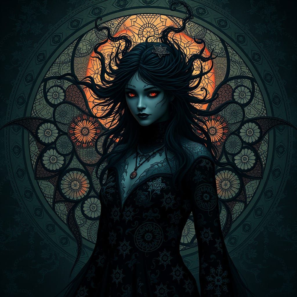 Ethereal Dark Fantasy Woman in a Haunting Stained Glass Scen...