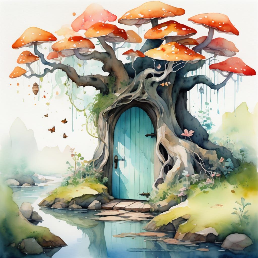 Whimsical World Hidden in Ancient Tree, Watercolor Art