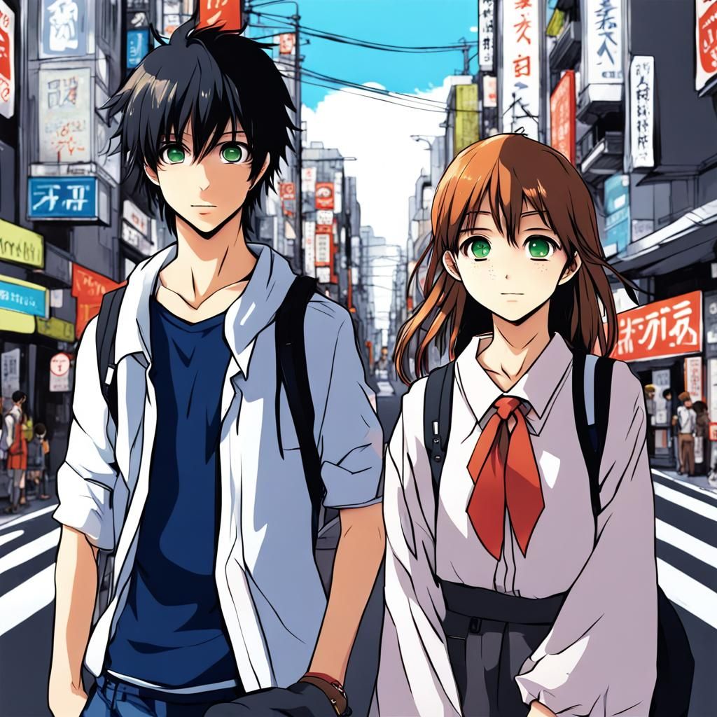 Anime Style: Boy and Girl in Tokyo City