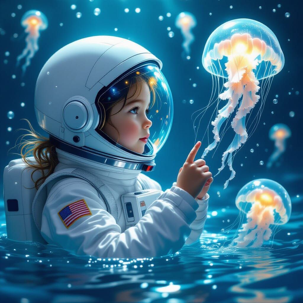 Astronaut Girl Reaching for Jellyfish in Deep Sea