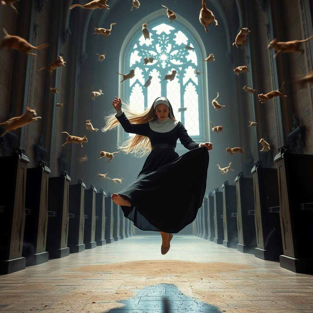 Nun in Tornado Jumps in Church, Photorealistic