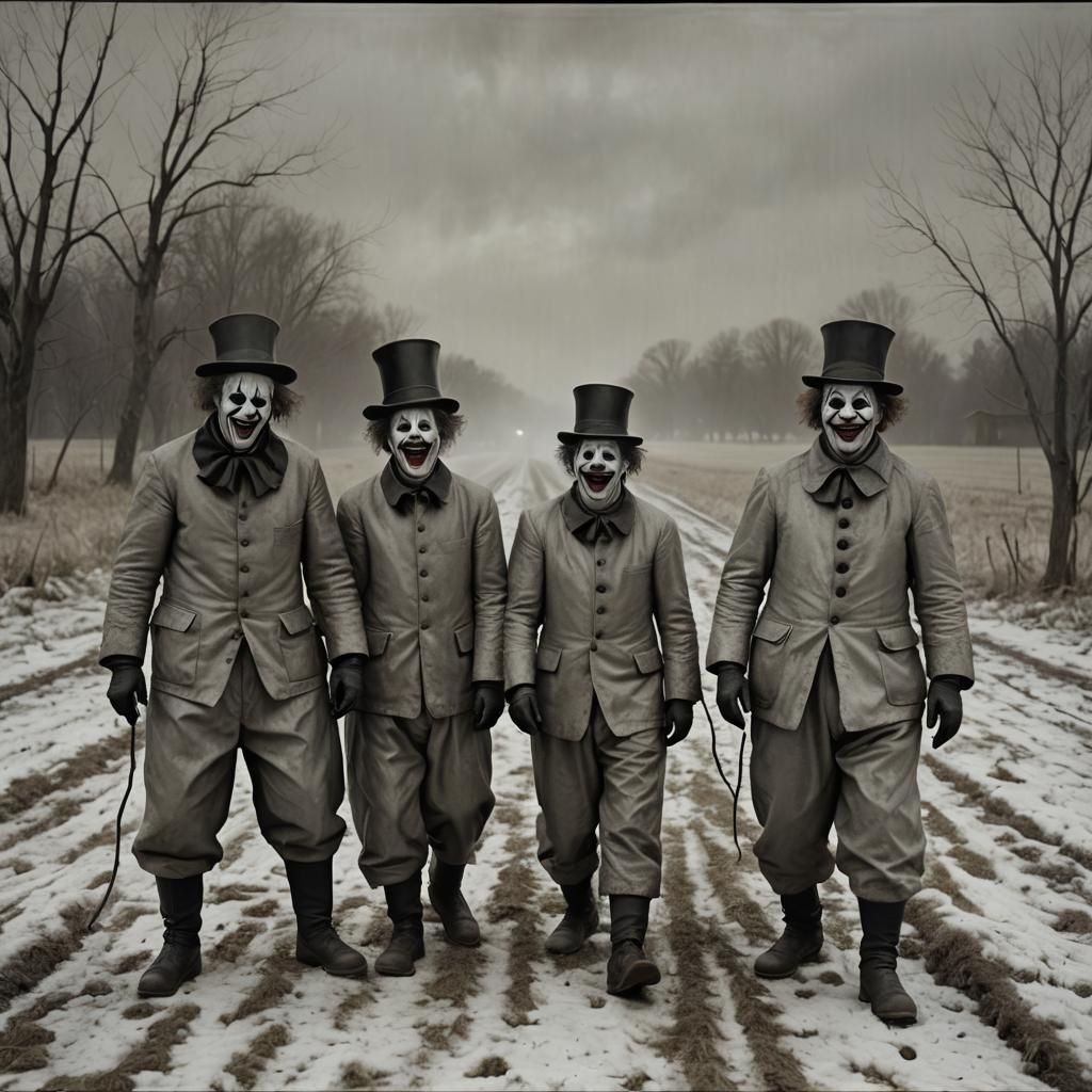 Unsettling Clowns Laughing in Winter Field