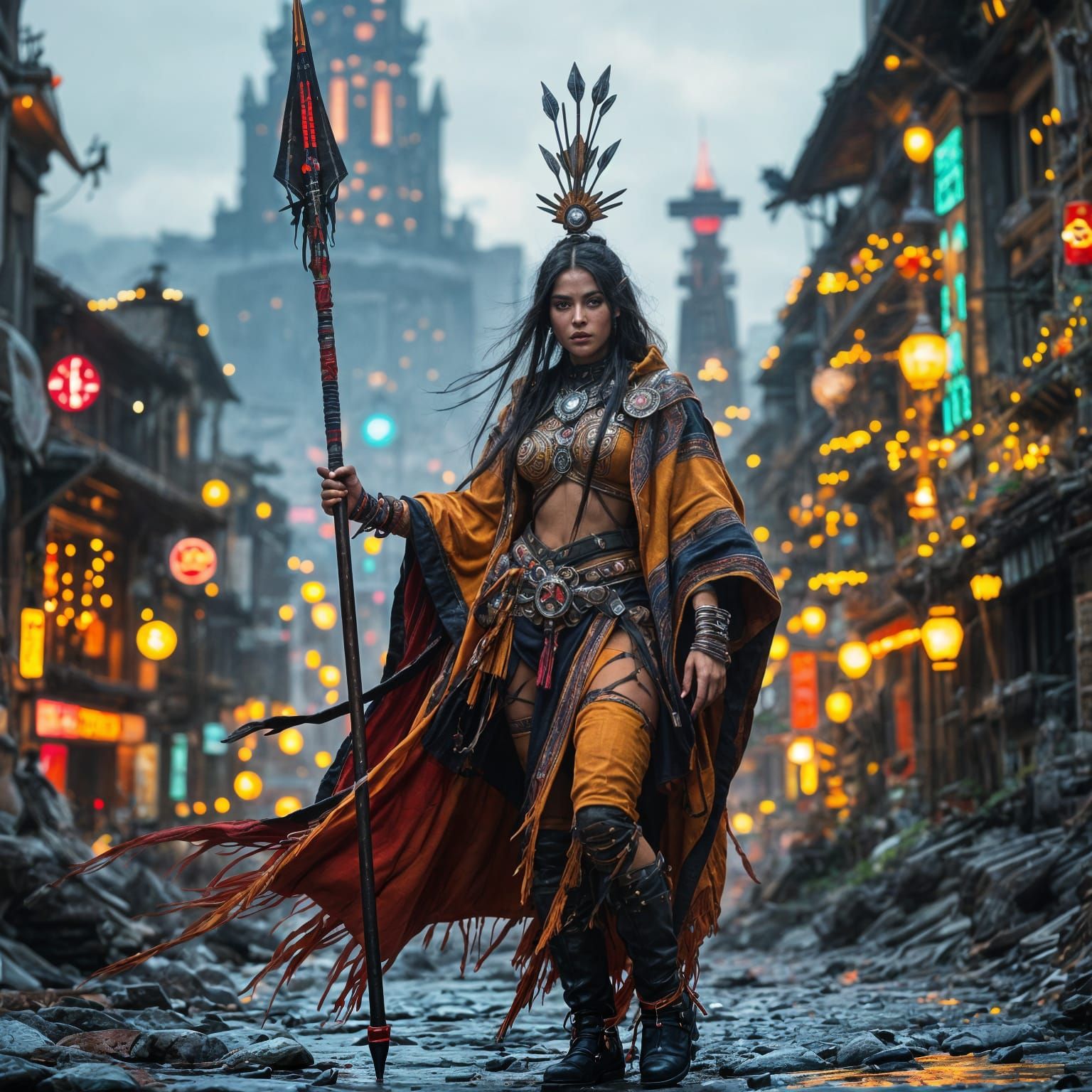 Futuristic Inca Warrior in Cyberpunk Andean City