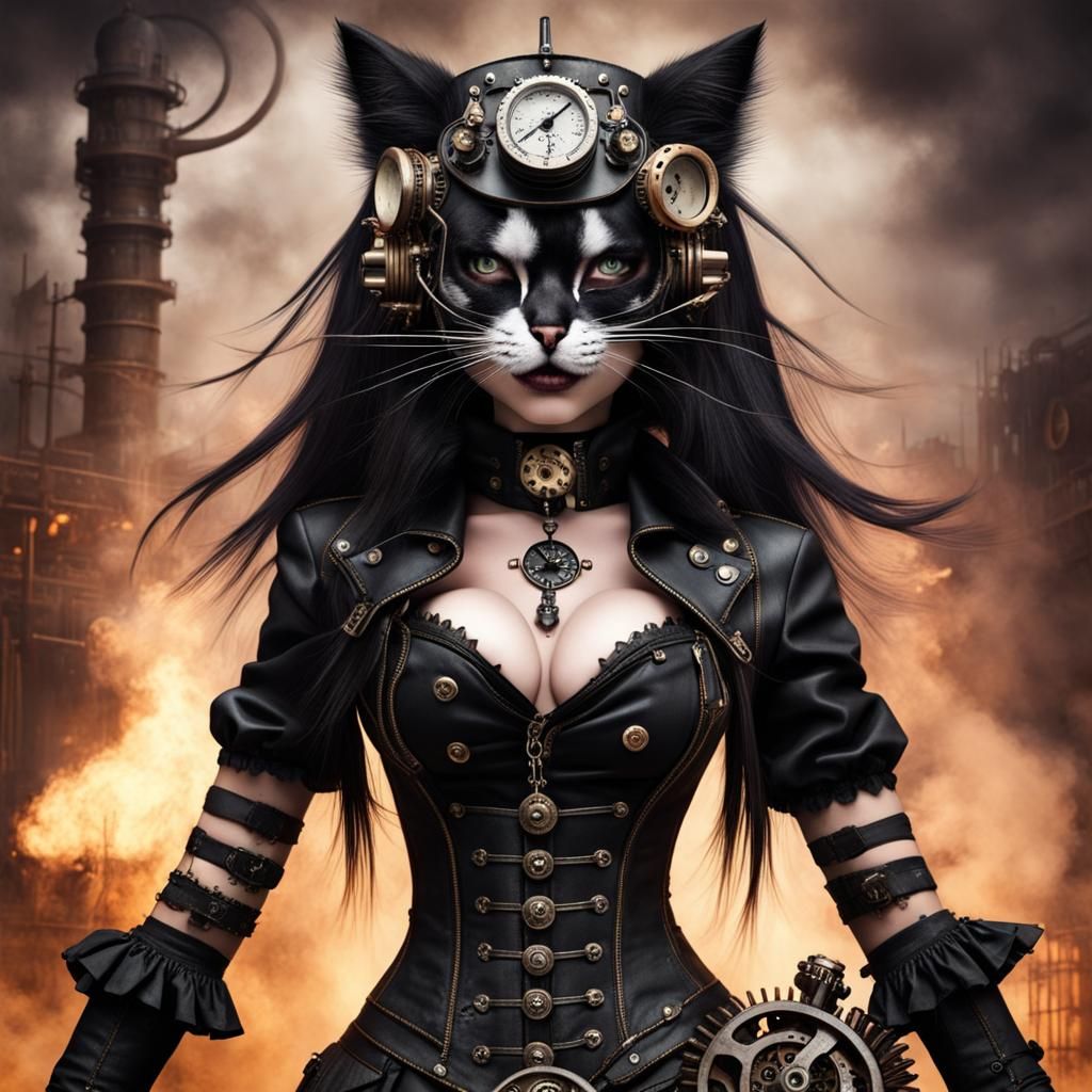 Gothic Steampunk Cat-Girl with Engine