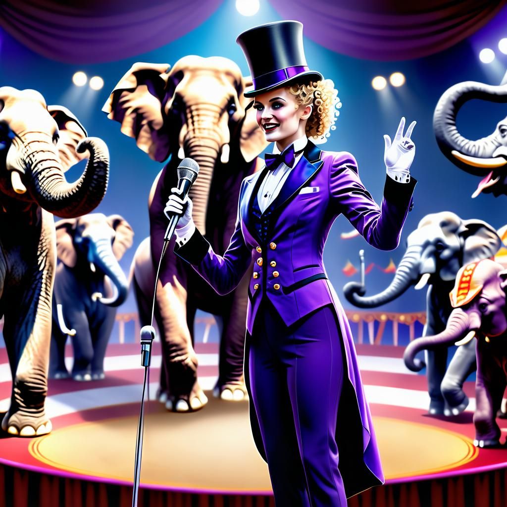 Elegant Ringmaster in Purple Tuxedo, Hyperrealistic Art