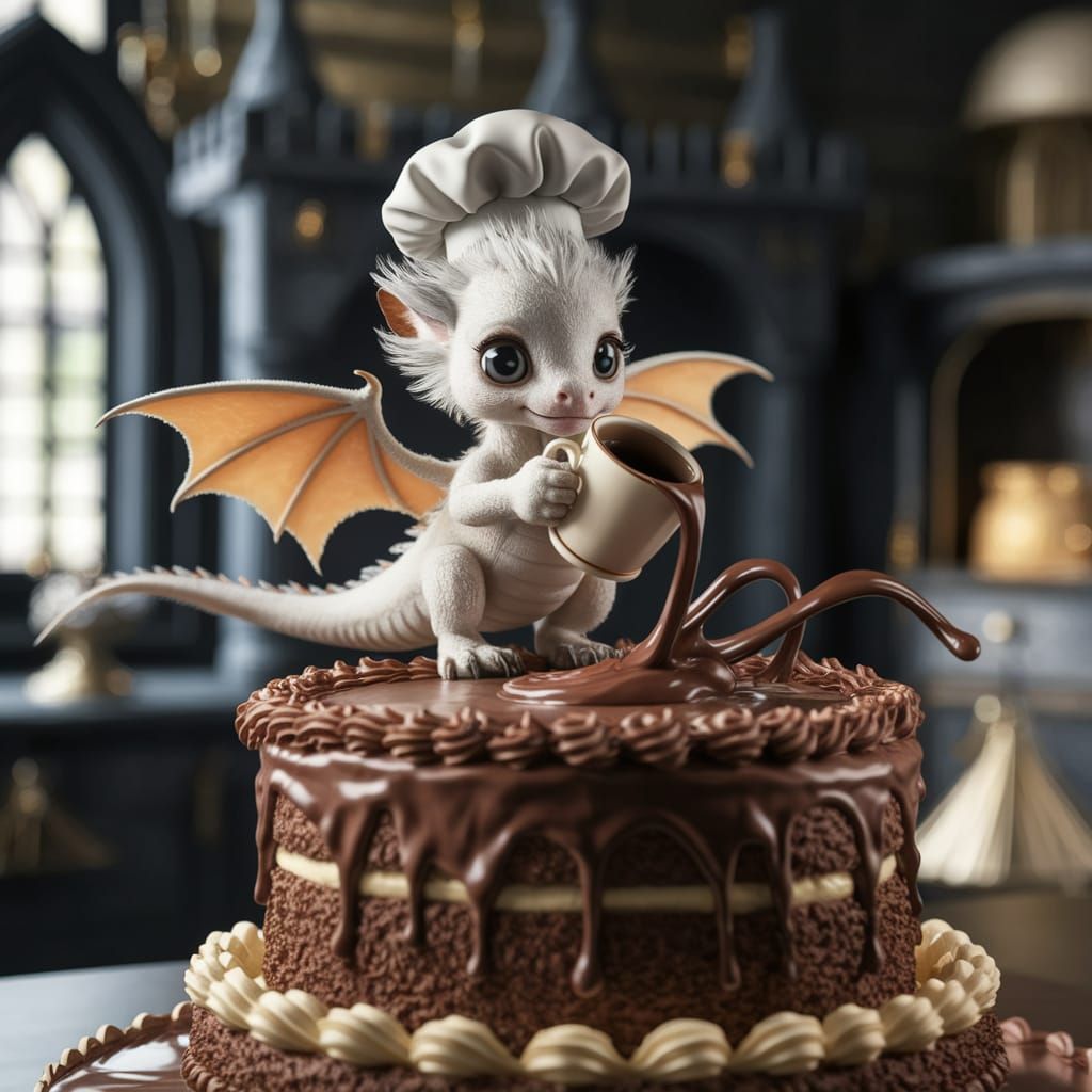 Cute Winged Dragon Chef over Chocolate Cake