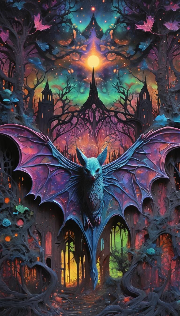 Neon Cosmic Bat in Psychedelic Acrylic Pour Art