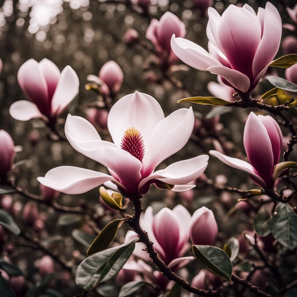 Dramatic Magnolia Still Life in Cinematic Style
