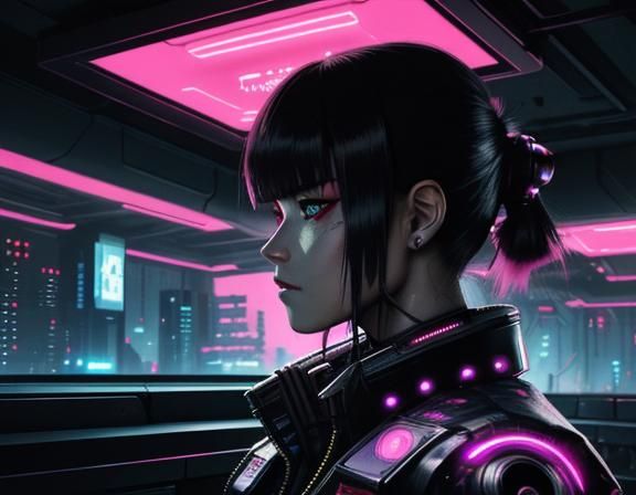 Cyberpunk Cyborg Bounty Hunter in Pink Neon