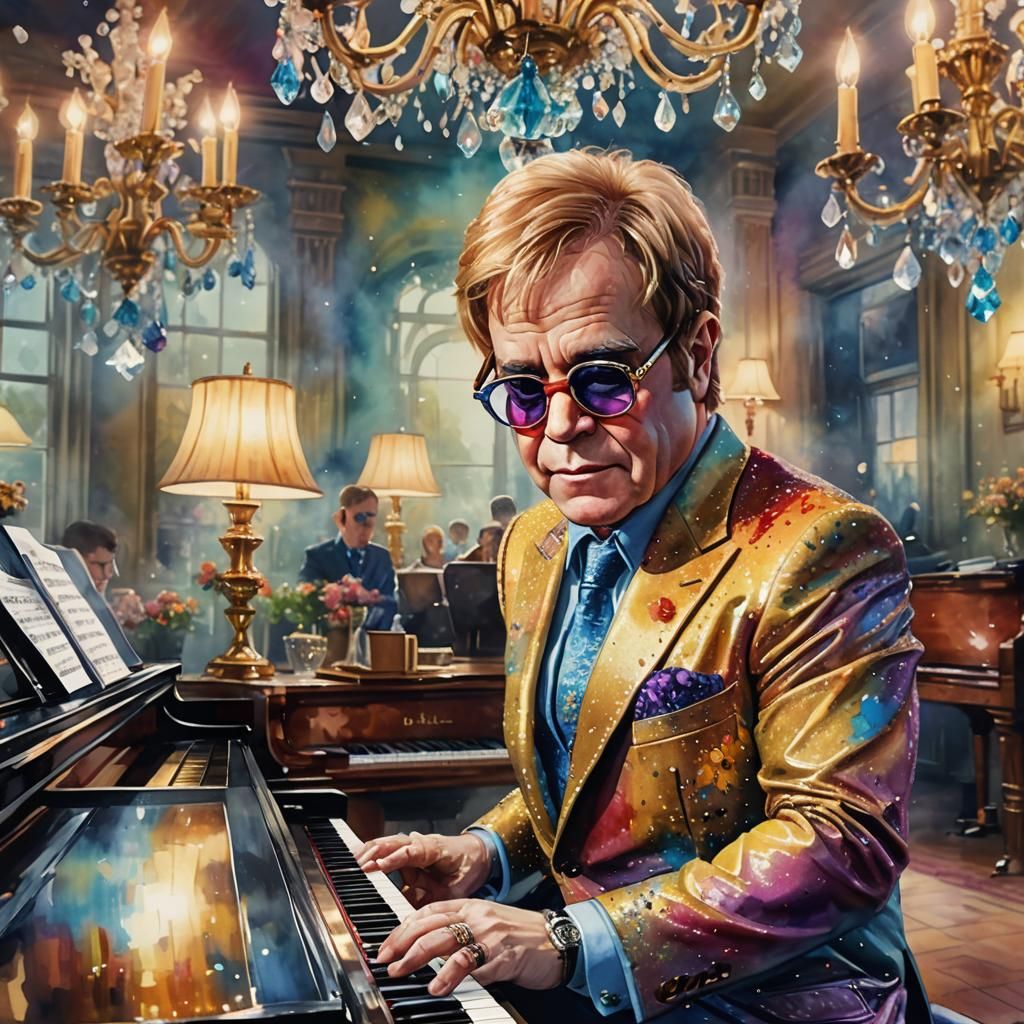 Elton John Portrait as Watercolor Fantasy Illustration