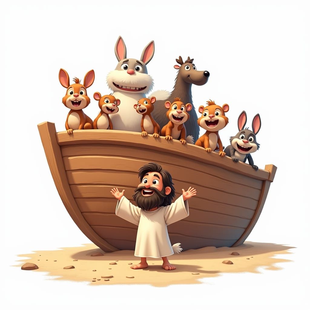 Noah's Ark Cartoon Parade in Matte Painting Style