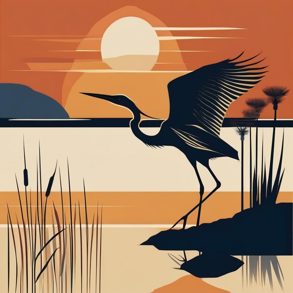 Minimalist Heron at Sunset: Stylized Artistic Design