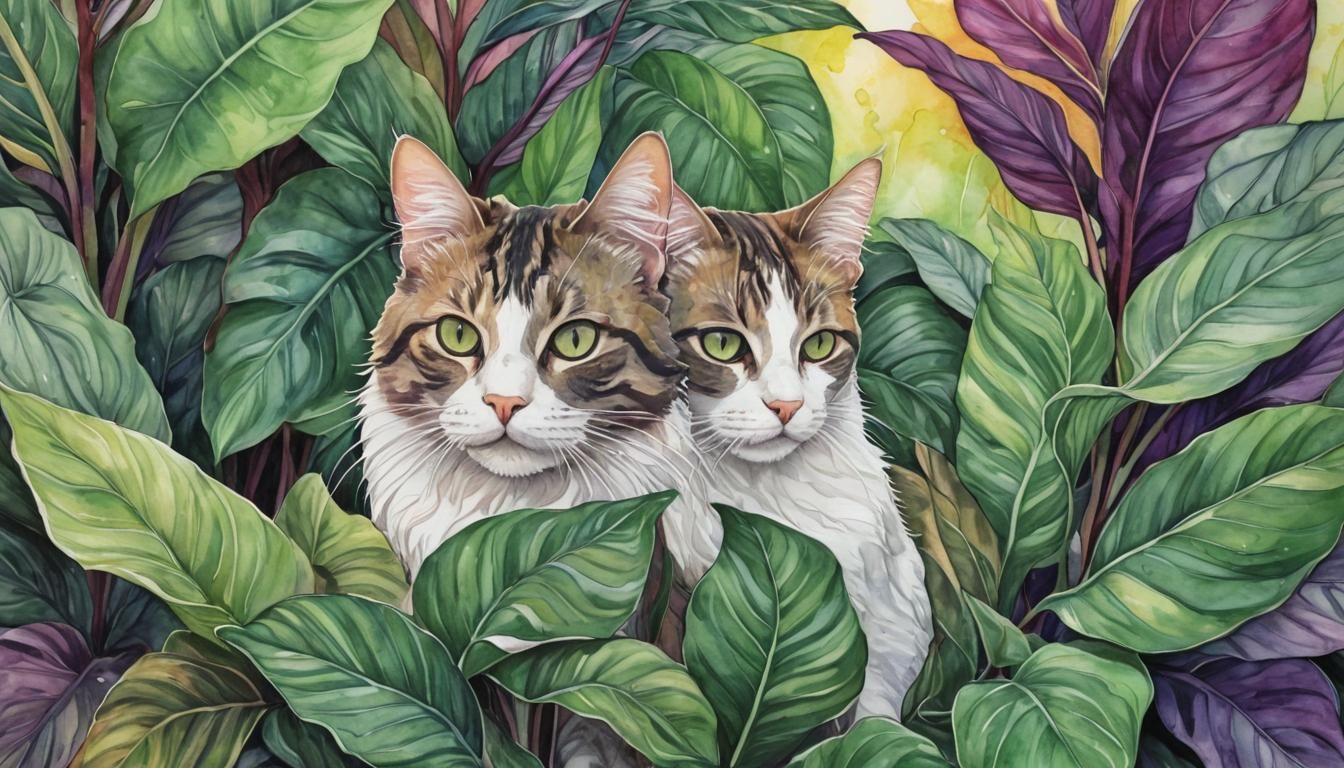 Calathea Foliage with Cat, Watercolor and Ink Drawing