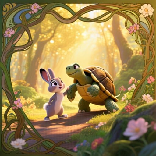 Rabbit and Turtle Begin Adventure in Sun-Dappled Forest