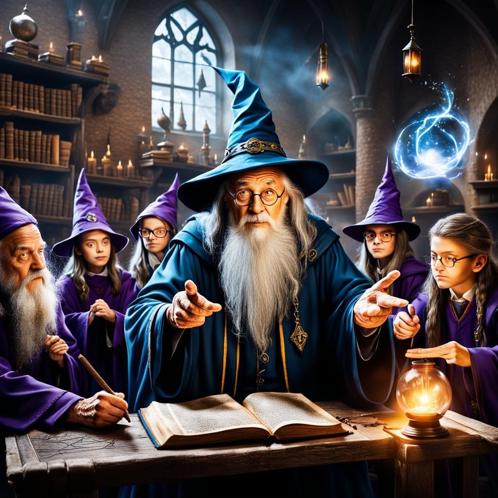 Old Wizard Teaching Magic Spells to Young Wizards
