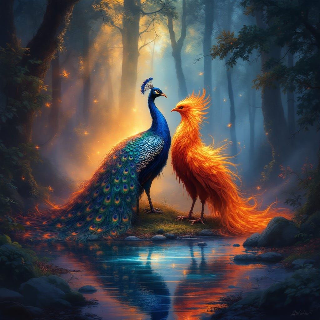 Surreal Peacock and Phoenix in Mystical Forest, as Fantastic...