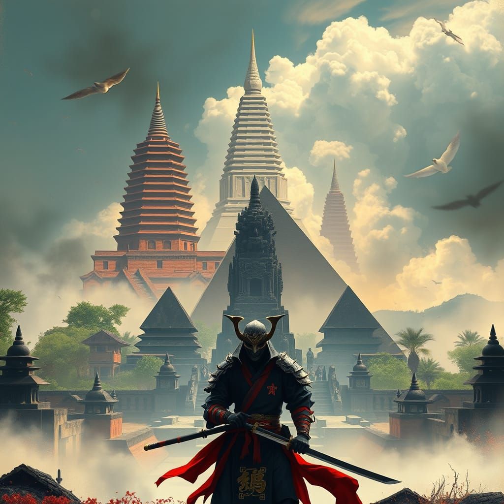 Chinese Samurai Guarding Pyramids, Ancient Temple Backdrop