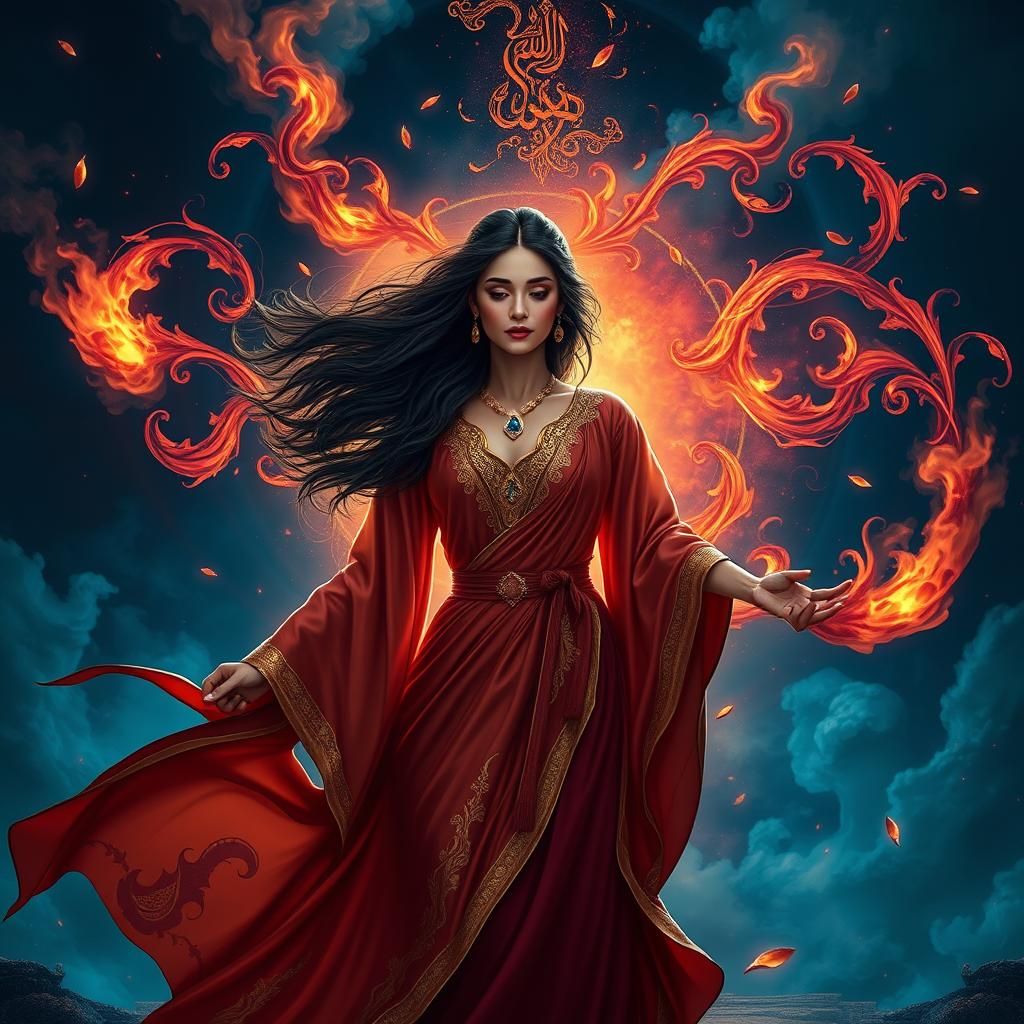 Regal Woman Summons Djinn from Mystical Portal