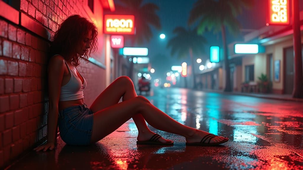 1980s Florida Cityscape: Photorealistic Portrait of a Woman