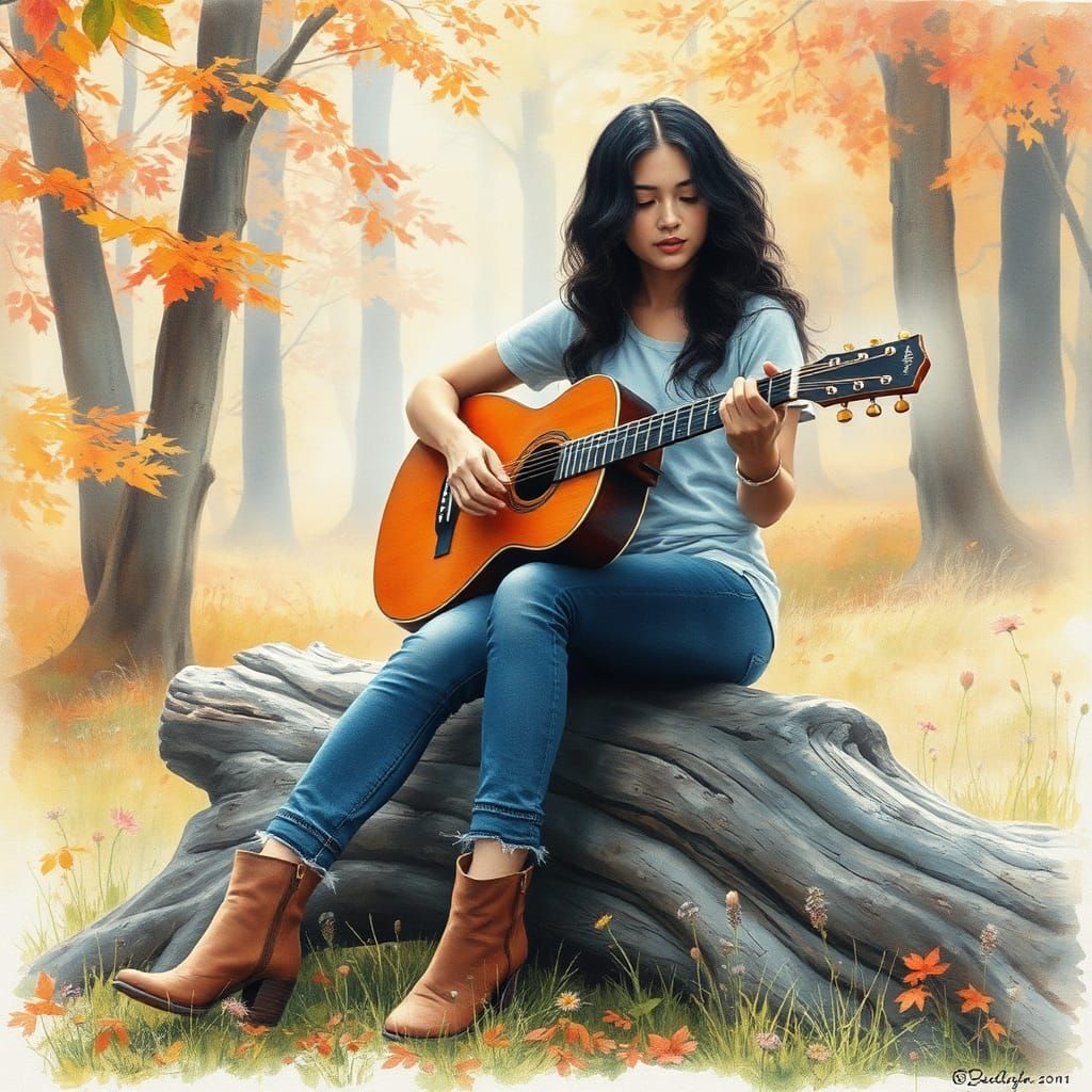 Serene Woman Plays Guitar in Autumn Watercolor