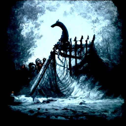 Viking Ship in Horror Engraving Style