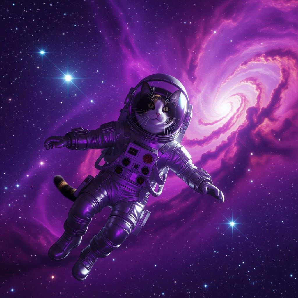Calico Cat Astronaut in Purple Space Miasma