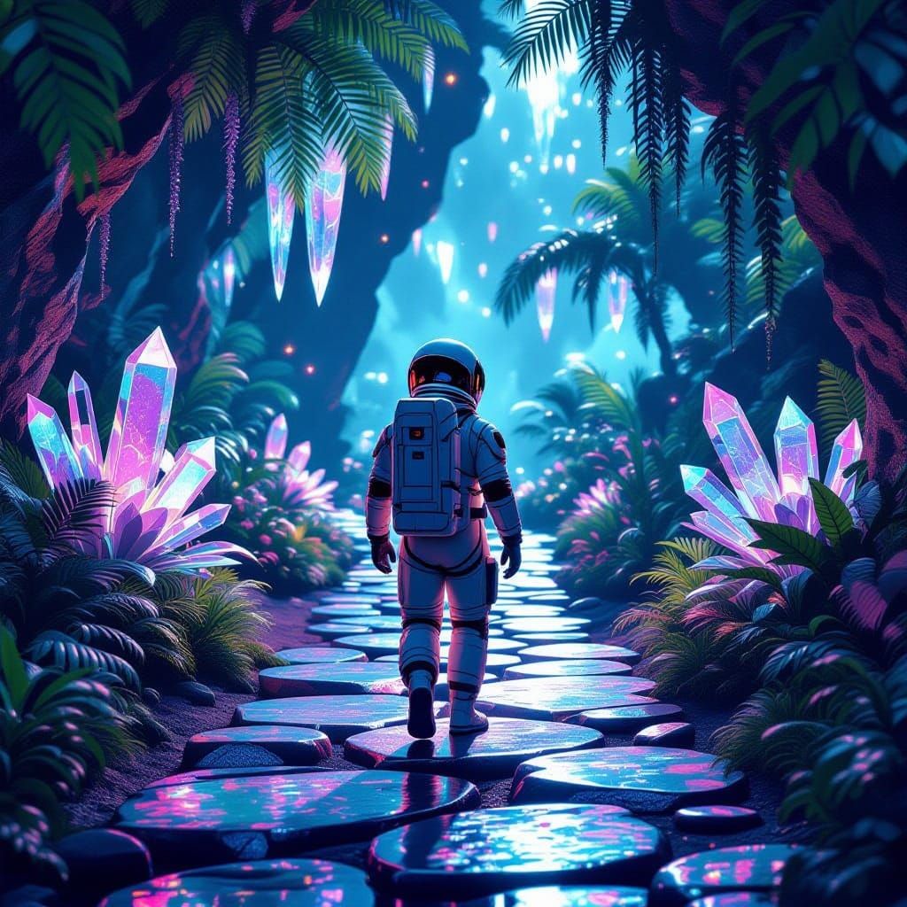Astronaut Explores Alien Jungle with Glowing Flora