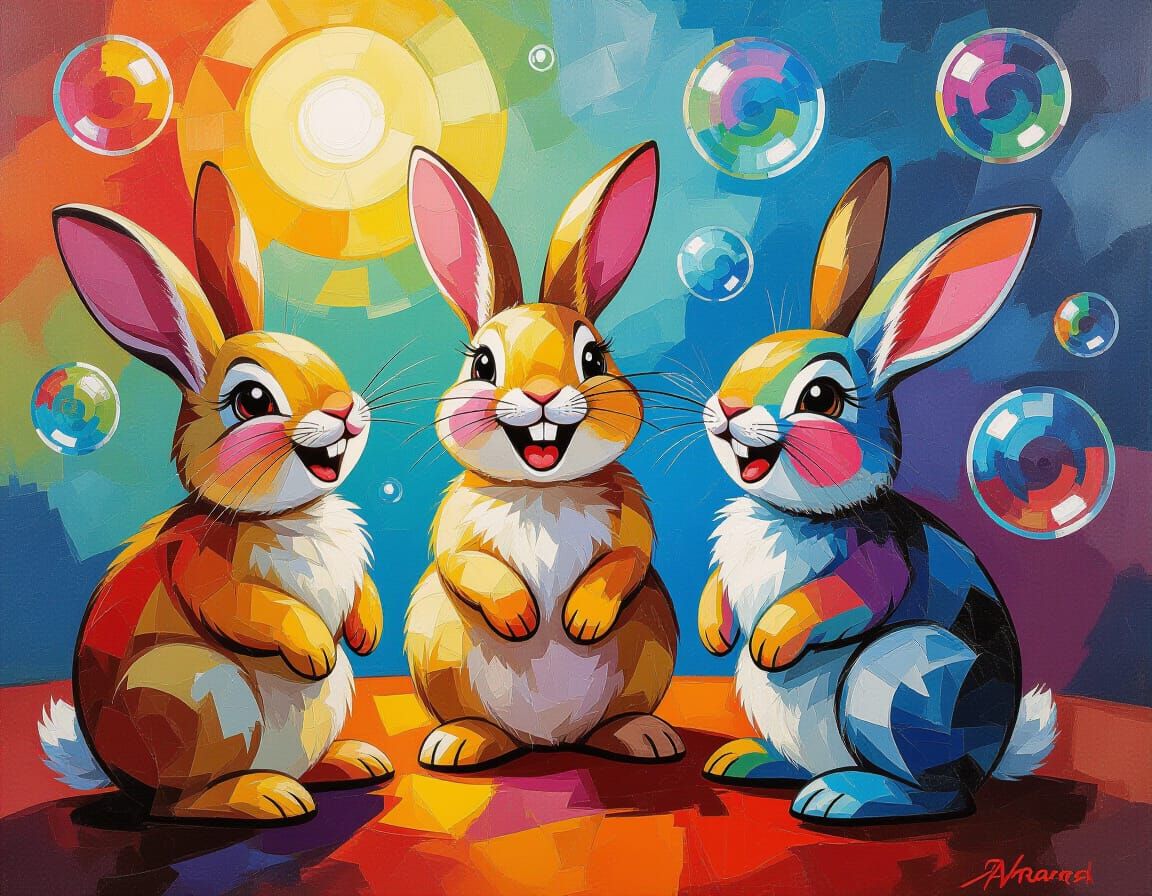 Rabbits in Bubbles: Expressive Oil Painting on Canvas