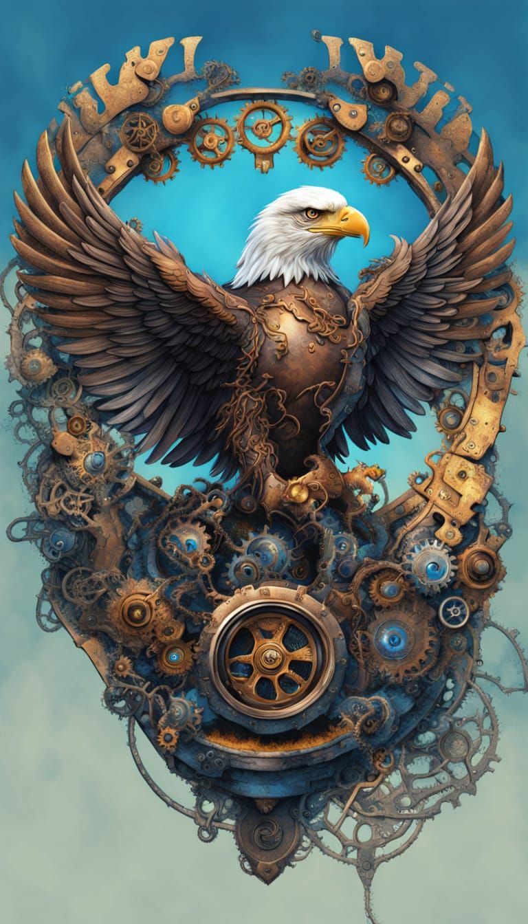 Steampunk Eagle in Gear Nest: Hyperrealistic Art