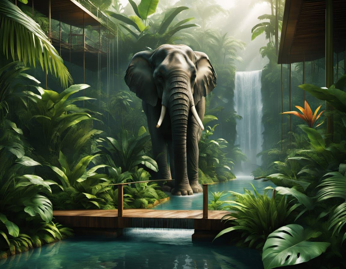 Glass Bridge Over Jungle Waterfall with Elephant in Paradise