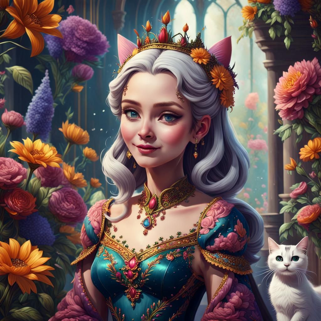 Colorful Queen with Flowers and Cats