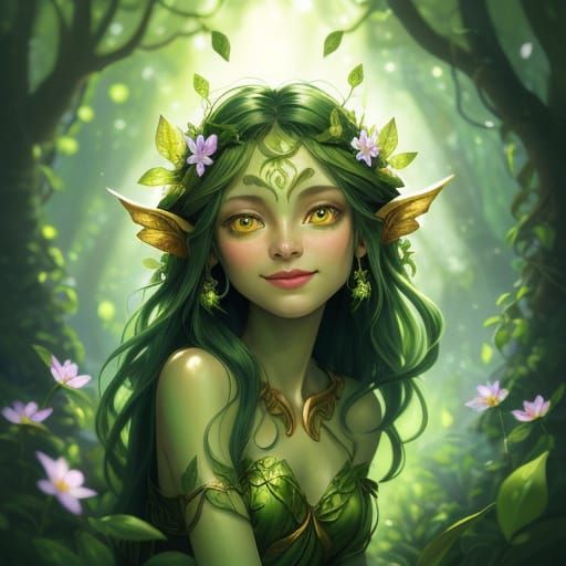 Enchanting Nymph with Golden Eyes in Magical Forest