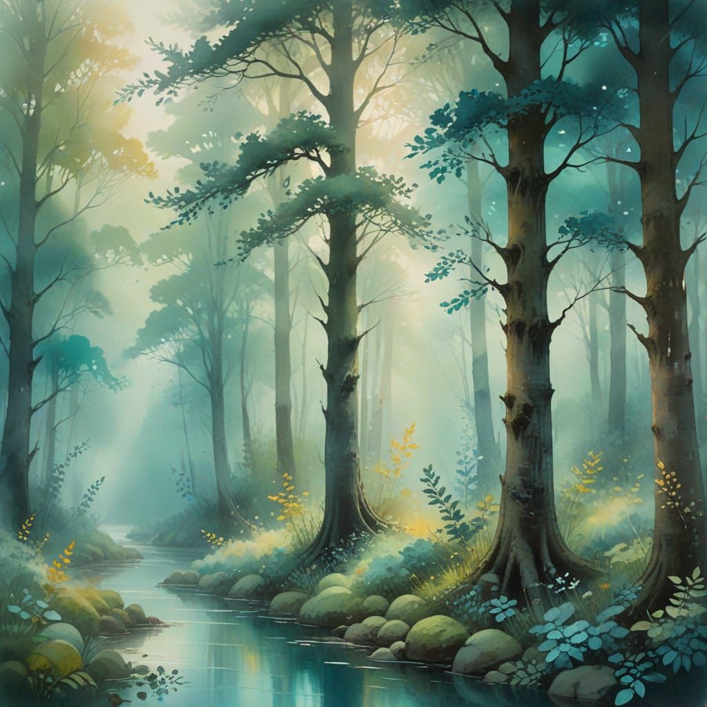 Dreamy Watercolor Forest Scene in Whimsical Style