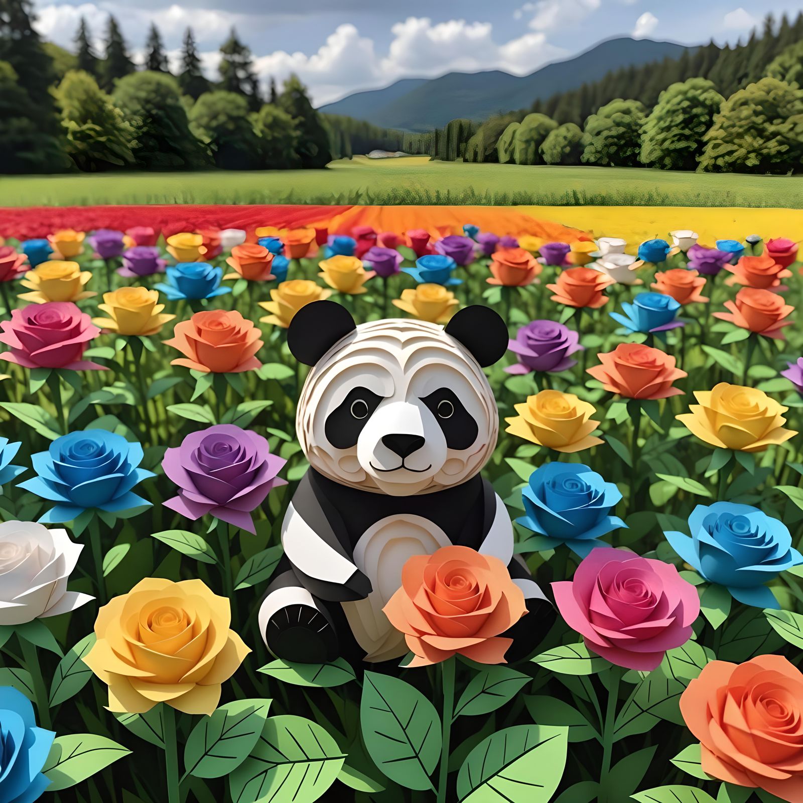 Paper Kirigami Panda in Rainbow Rose Field
