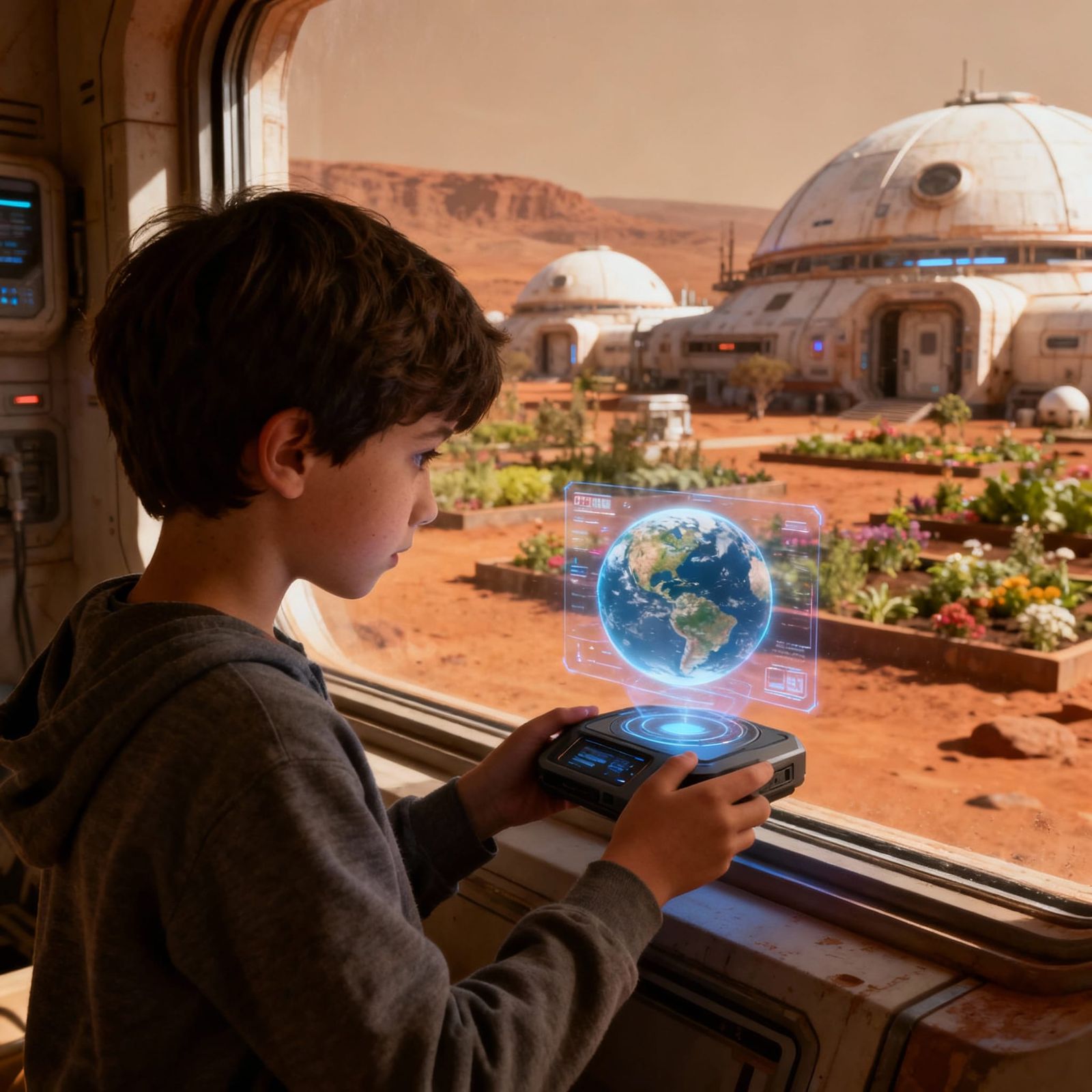 Child Gazes at Holographic Earth in Mars Colony