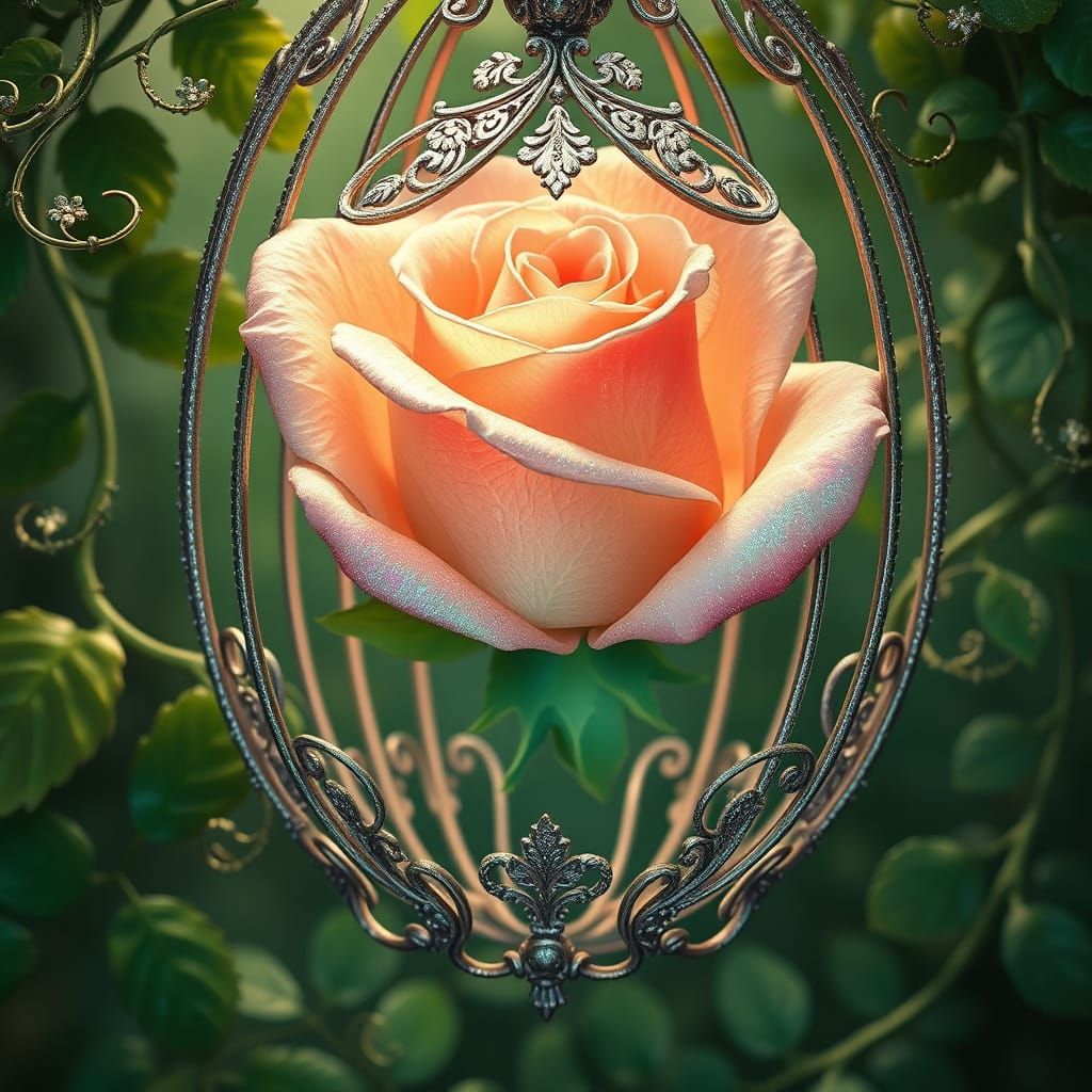 Ethereal Rose in Art Nouveau Glitter Cage