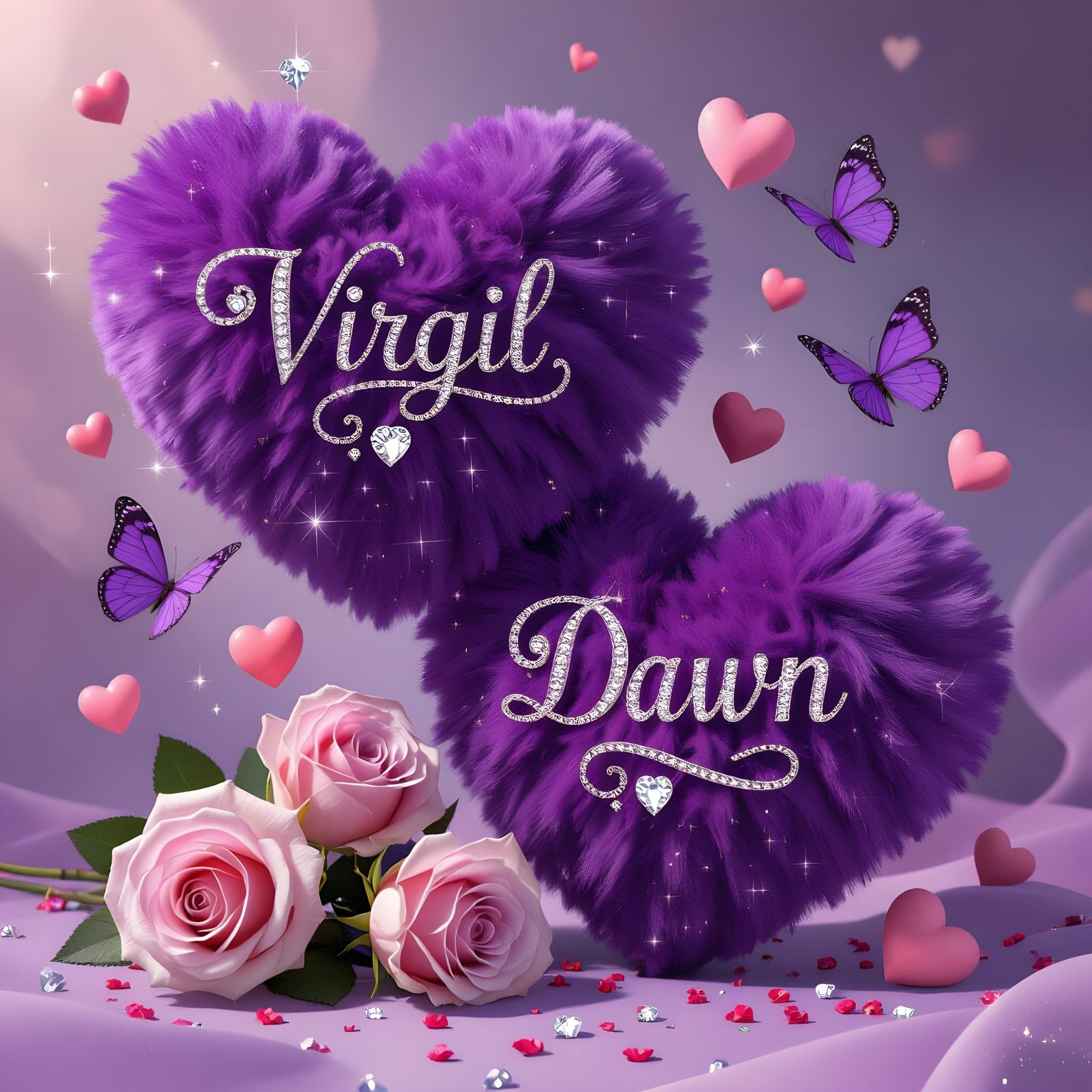 Two Fluffy Purple Hearts with Names and Diamond Accents