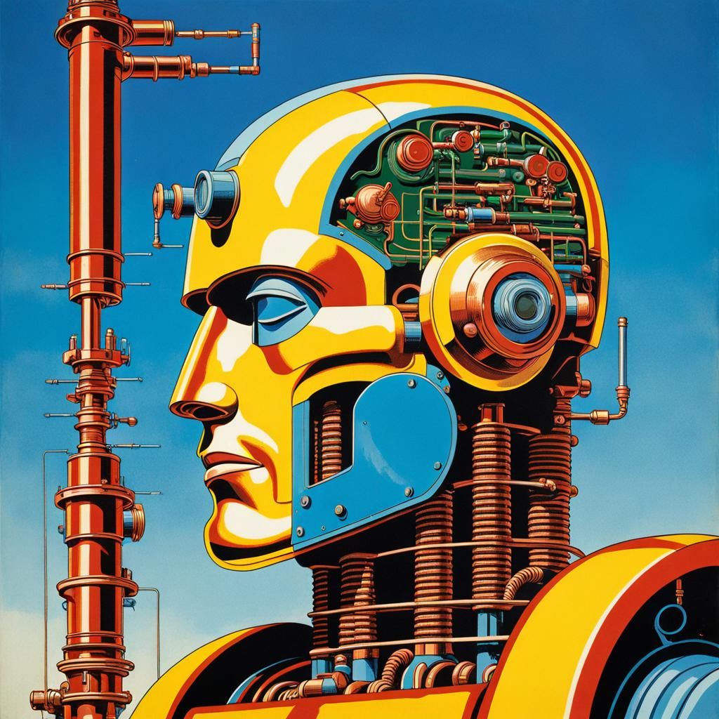 Retro Cyborg Portrait in Industrial Propaganda Style