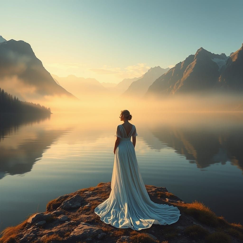 Ethereal Morning Goddess in a Dreamlike Landscape