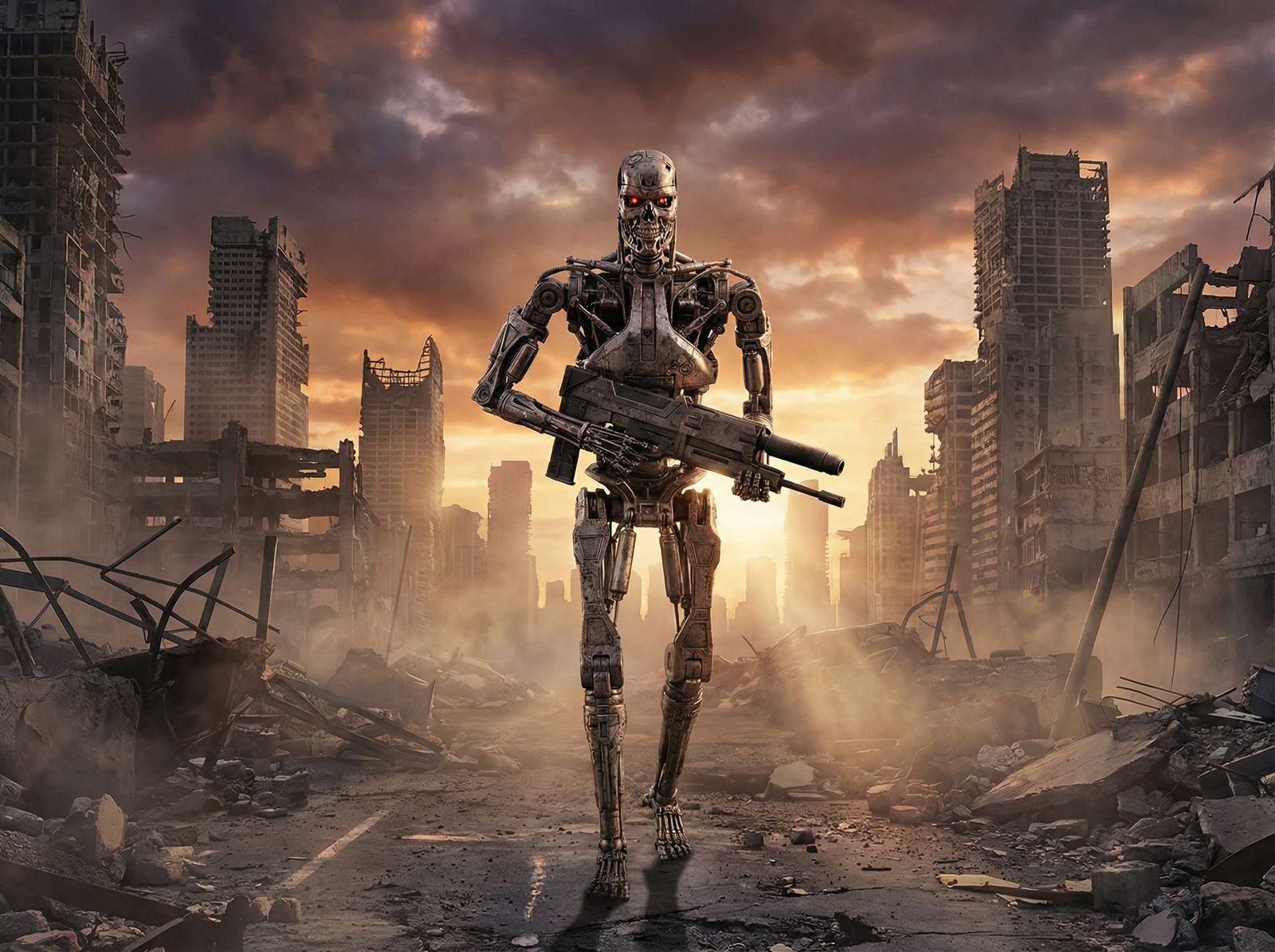 Terminator Walks Through Destroyed Cityscape
